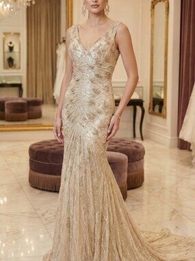 👸👑Stunning Bridal Designer Wedding Evening Party Prom Runway Beaded Gown Dress